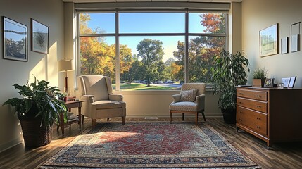 Fototapeta premium This waiting room features two comfortable chairs and a wooden cabinet, with large windows showcasing vibrant autumn colors and greenery outside.