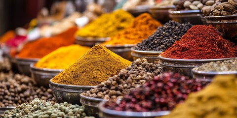 Fototapeta premium Vibrant spices displayed on a stand at a bustling market showcase the rich variety and colors of spices, inviting exploration and sensory delight in the world of spices.