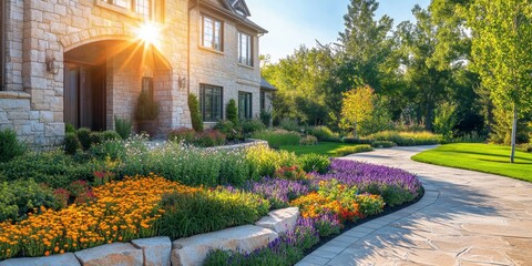 Luxurious real estate exterior featuring a stunning front house on a sunny day. This custom made luxury real estate showcases a beautifully landscaped front yard and an inviting garden filled with