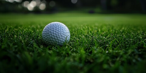 Obraz premium Low angle view captures a golf ball resting on lush green grass, highlighting the texture of the golf ball against the vibrant green landscape, perfect for golf enthusiasts and sports photography.