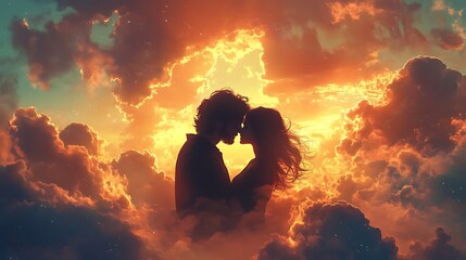 Obraz premium Romantic sunset embrace cloudy sky digital art fantasy landscape
