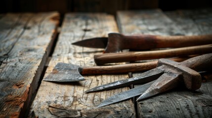 Close-up of ancient stone tools, sharp flint knives, and polished axes on a weathered wooden surface, symbolizing prehistoric craftsmanship and the dawn of human ingenuity