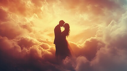 Obraz premium Romantic embrace in dreamy clouds sunset background love concept