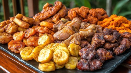 Assorted fried delicacies with plantains on decorative platter for party appetizers