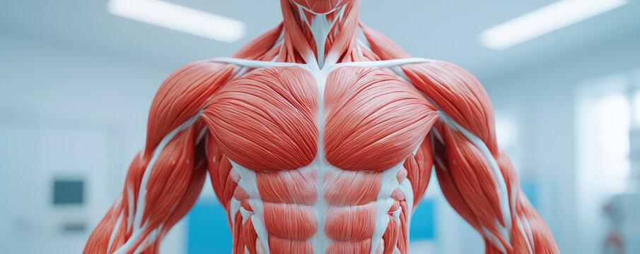 Detailed anatomical model showcasing human muscular structure and physiology.