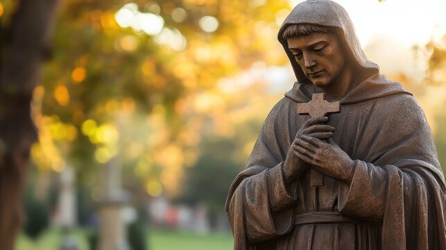 National Francis Day Serene fall evening with monk statue in tranquil park