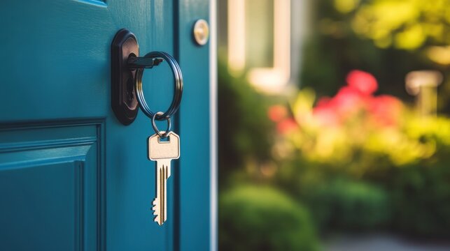 New Homeowners Day Home security and ownership concept with key in lock on door with garden background