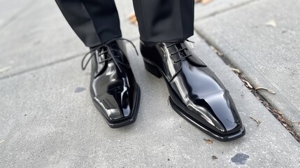 Elegant men's formal black shoes on urban pavement for formal events and fashion