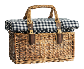 Woven picnic basket with checked fabric cover, cut out - stock png.