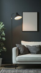 Modern living room with a mockup blank picture frame on dark grey wall
