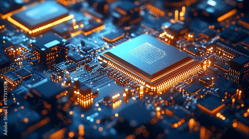 Aufkleber Modern blue computer microchip circuit board with orange illuminating circuitry : Generative AI