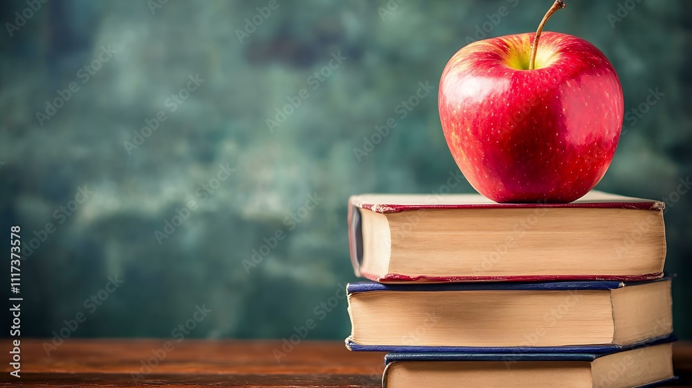 Poster Classic Education Concept with Red Apple on Stack of Books in Front of Chalkboard : Generative AI