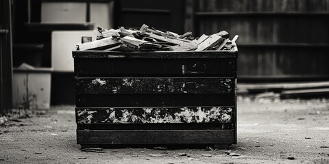 A small, worn black and white dumpster holds wood debris, positioned in a driveway. This black and white dumpster showcases the rugged charm of urban settings with its varied materials.