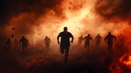 Fototapeta premium Amidst a dramatic backdrop of flames and smoke, multiple silhouettes of individuals are seen running forward with intensity.