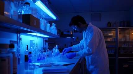 Scientist working late in a lab, conducting research with lab equipment under blue light.