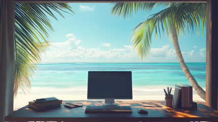 serene workstation overlooking tropical beach view