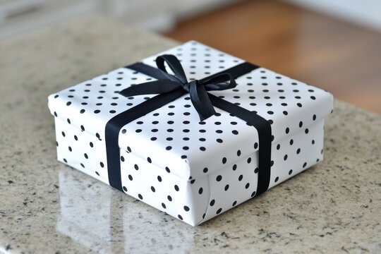 Elegant Polka Dot Gift Box Wrapped with Black Ribbon on Countertop
