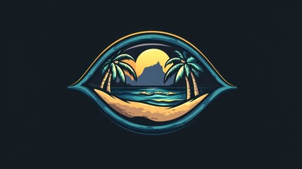 A stylized beach scene within an eye shape, featuring palm trees and a sunset.