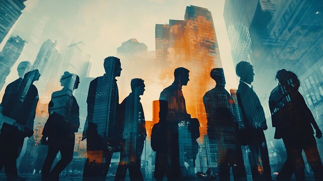 Silhouetted figures walking in a cityscape, double exposure effect.
