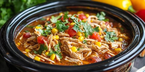 Tex Mex Shredded Chicken prepared in a slow cooker, showcasing tender and flavorful shredded chicken. This slow cooker Tex Mex chicken is perfect for various delicious dishes.