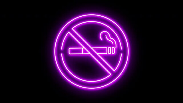 Purple glowing neon line of No smoking alert icon on black background. Motion graphic animation in 4k