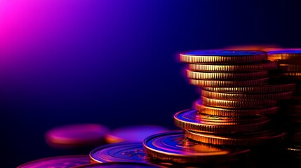 Stacks of gold coins illuminated by vibrant purple and pink lighting against a dark blue background.