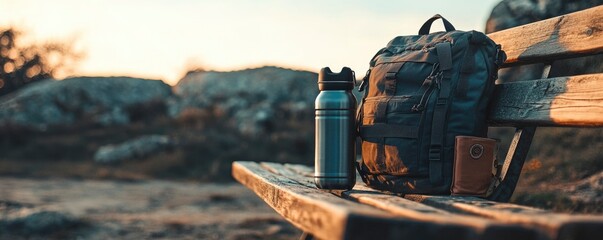A backpack and a water bottle on a wooden bench in a natural setting.