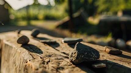 Close-up of ancient stone tools, sharp flint knives, and polished axes on a weathered wooden surface, symbolizing prehistoric craftsmanship and the dawn of human ingenuity