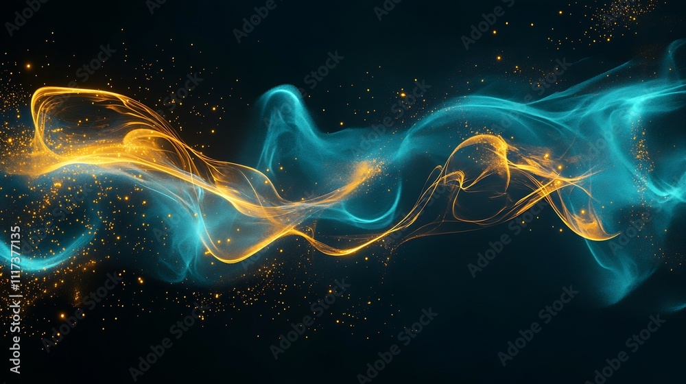 Poster Dynamic swirling patterns of orange and teal wisps on a black background creating a sense of energy and motion : Generative AI