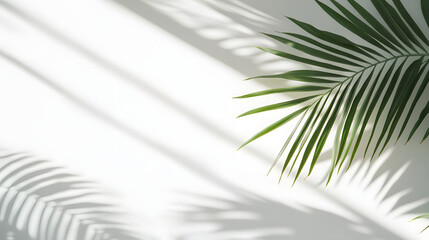 Fototapeta premium white background with a palm leaf shadow. A simple abstract geometric shape in the foreground. Minimalist background for product presentation, mock-up, or design template.