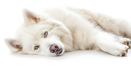 Obraz premium Cute puppy relaxing indoors soft white fur comforting atmosphere playful mood close-up perspective