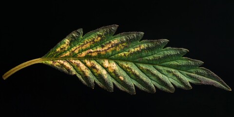 Lettuce Chlorosis Virus affecting a cannabis leaf, showcasing the distinct symptoms on the foliage against a black background. This image highlights the impact of Lettuce Chlorosis Virus on plant