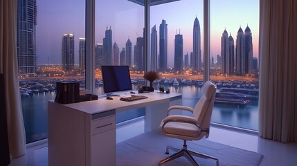 Modern home office with stunning city skyline view at sunset.