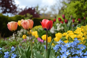 Obraz premium A vibrant garden displaying various colorful tulips and flowers.