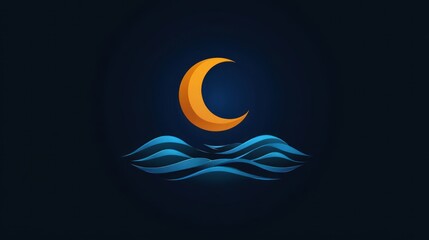 Obraz premium A stylized crescent moon above flowing waves in a dark background, evoking tranquility.