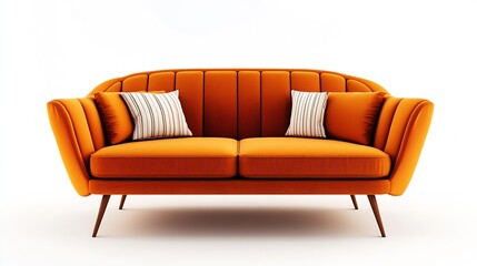 Fototapeta premium Modern Orange Sofa with Striped Cushions for Stylish Home Interior Design : Generative AI