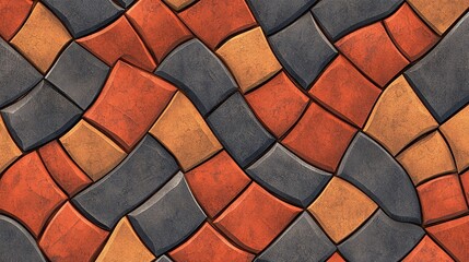 Pavement with interlocking textured bricks seamless pattern. Outdoor concrete slab sidewalk. 3D render. 