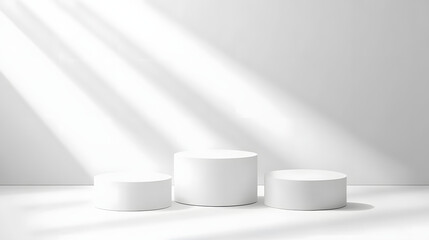 Minimal white background with 3 podium for product display presentation vector mockup, geometric platform scene. 