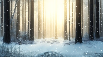 Naklejka premium Serene winter forest landscape with sunlight filtering through tall trees and gentle snowfall creating a tranquil atmosphere : Generative AI