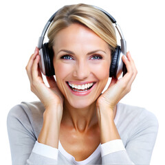 Fototapeta premium happy woman wearing headphones enjoying music on white