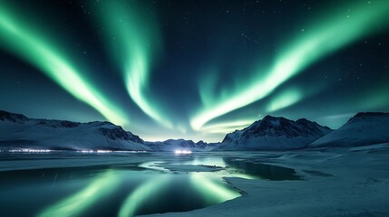 Naklejka premium Mesmerizing Northern Lights Over Arctic Mountains Reflecting on Pristine Waters : Generative AI