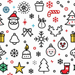 Seamless Christmas pattern with Santa, snowflakes, gifts, and other festive icons.