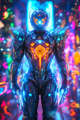 Futuristic robot standing in a vibrant, neon-lit city during nighttime