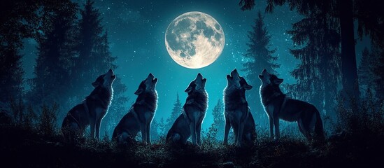 Obraz premium Four wolves howling at the full moon in a dark forest at night.
