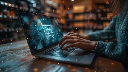 Online shopping and e-commerce concept. Young woman using laptop computer with shopping cart icon, order in online store, shopping on internet, concept on virtual screen with hands typing on keyboard