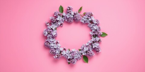 Obraz premium A Delicate Wreath of Purple Lilac Blossoms Arranged in a Circular Pattern on a Soft Pink Background