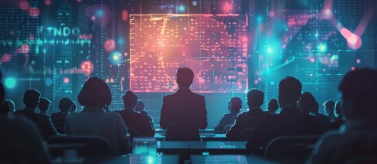 Obraz premium Futuristic digital landscape with a crowd of silhouetted figures watching a dazzling display of neon lights digital screens and flowing data visualizations creating a sense of technology innovation