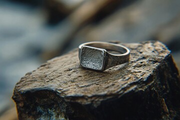 Silver ring with a large square bezel resembling a signet ring, placed on a rock, possibly near a body of water