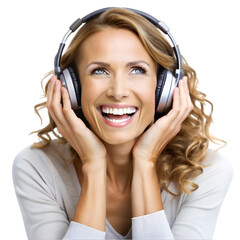 Fototapeta premium happy woman wearing headphones enjoying music on white