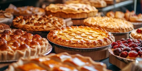 Delicious pie and a variety of fresh bakery products showcased in a bakery shop, highlighting the tempting assortment of bakery products available for eager customers.